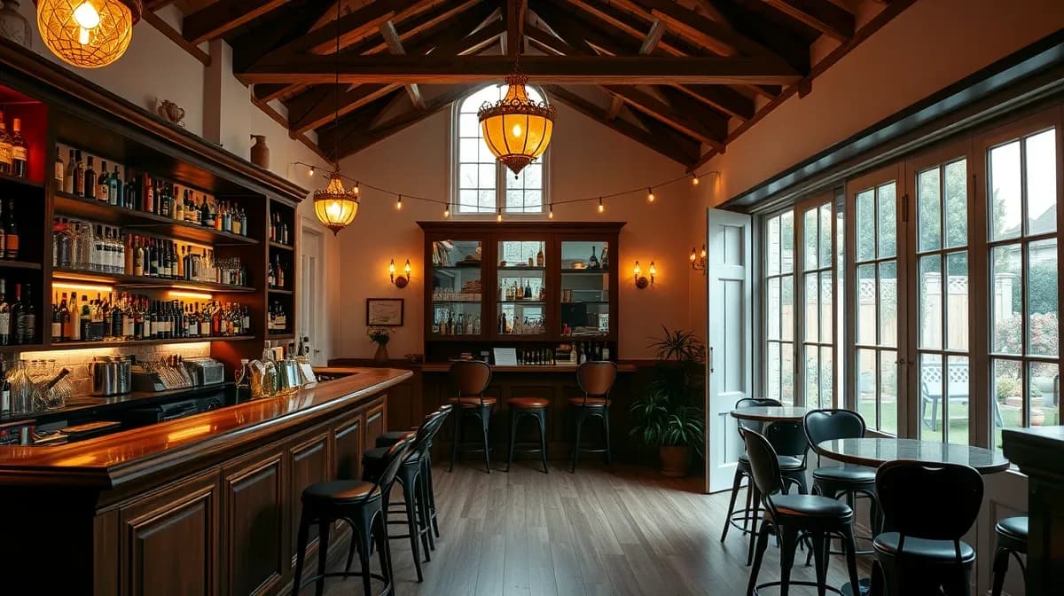 Garden bar interior with counter and stools