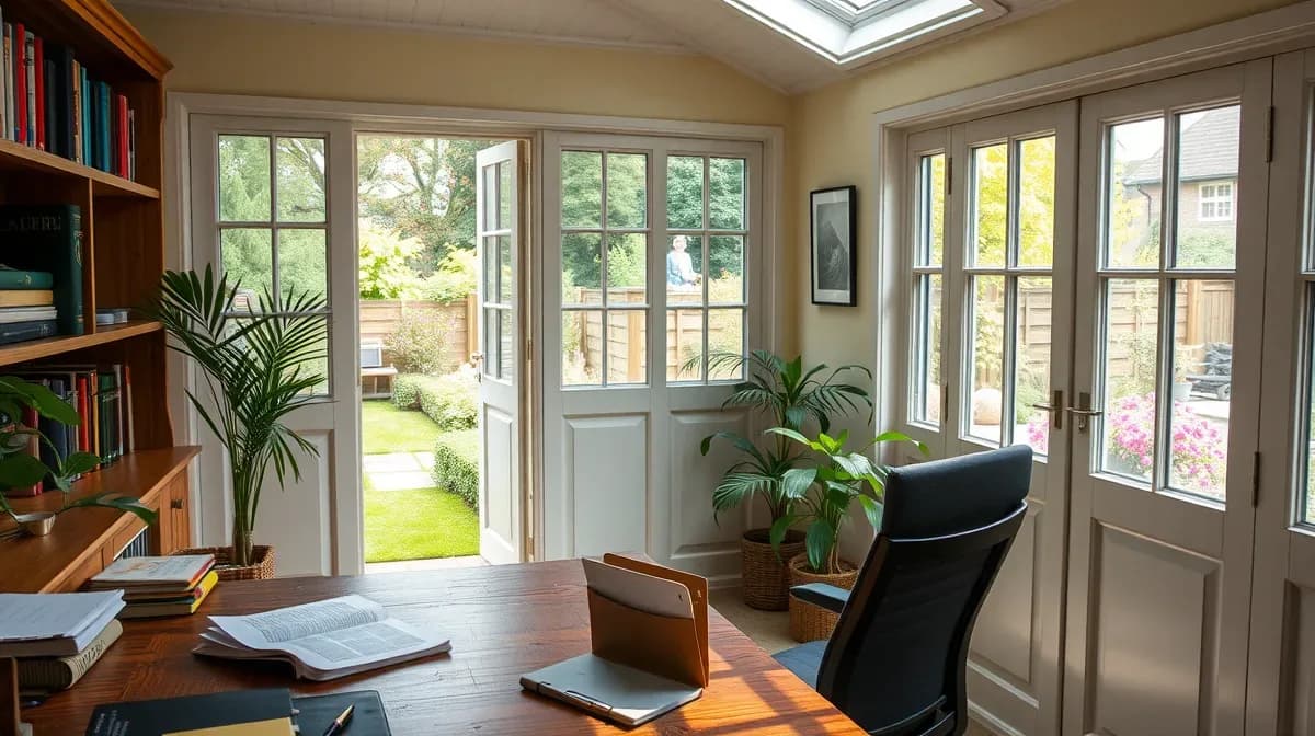 Garden office interior with desk and glazed doors