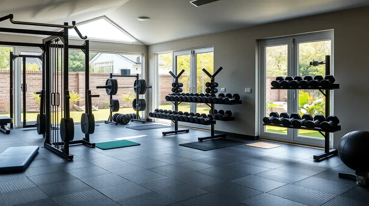 Garden gym interior with power rack and rubber flooring