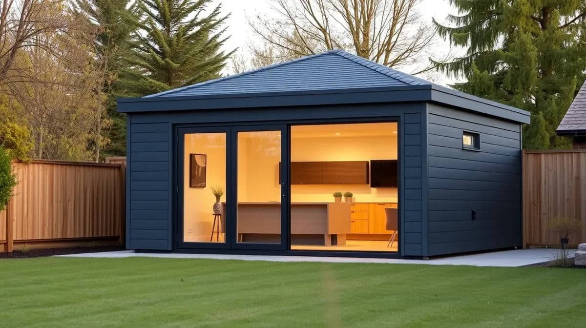 Modern insulated garden room with glass doors in an English garden