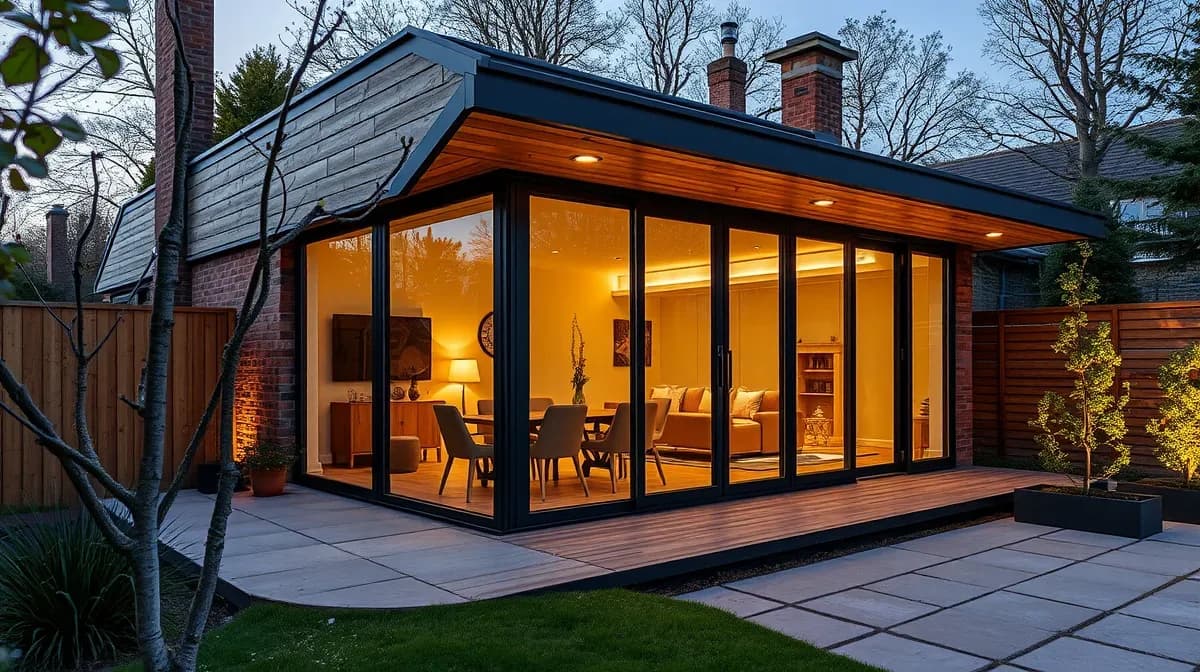 Luxury garden room with full-height glazing at dusk