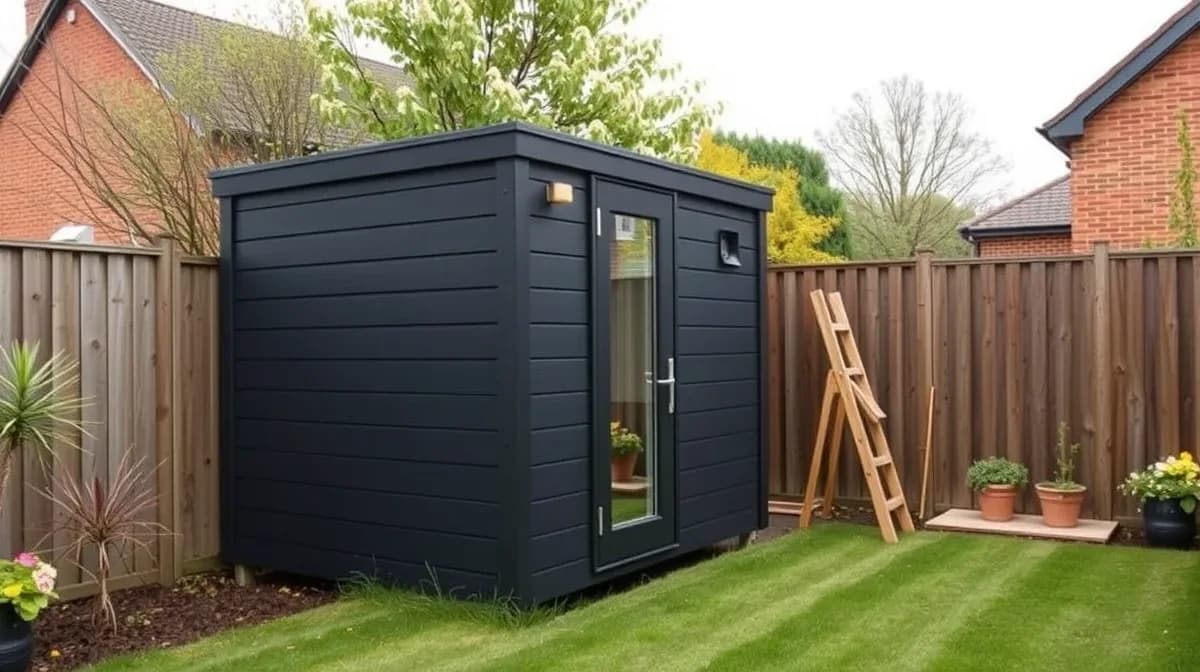 Compact garden office pod in a small garden corner