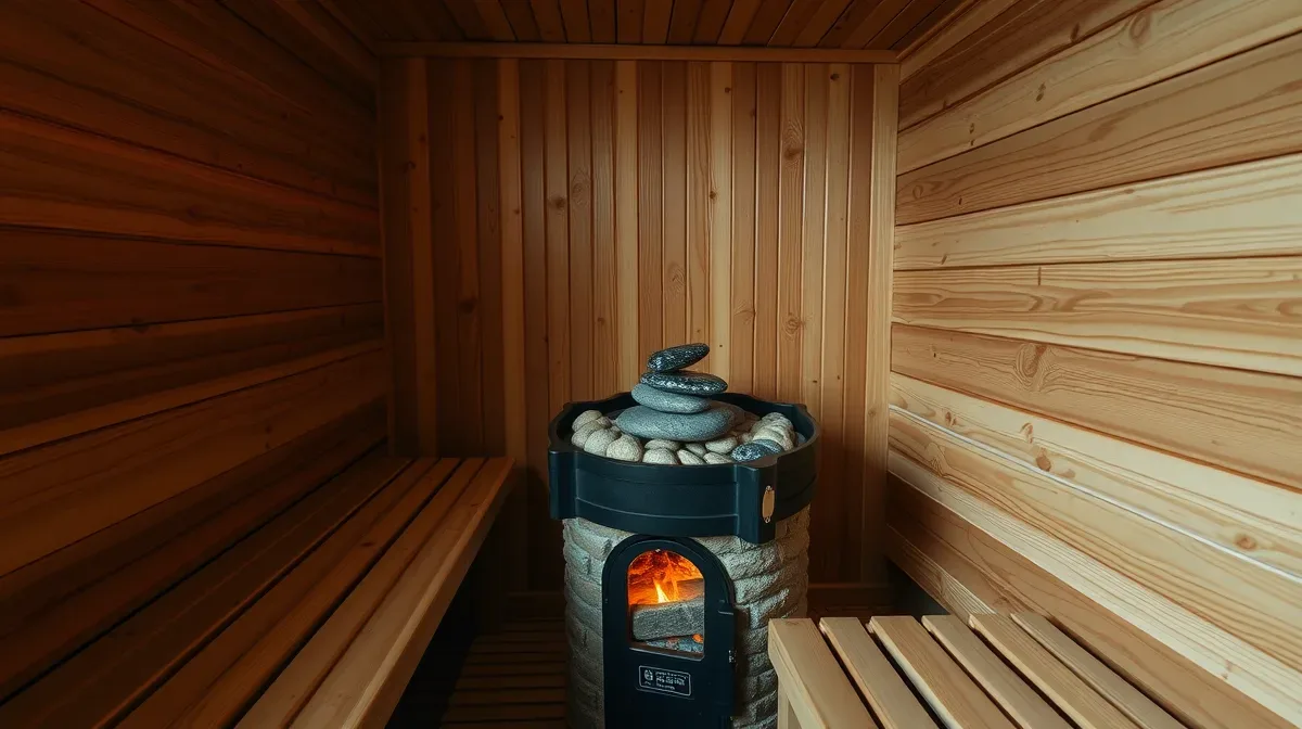 Cedar sauna cabin interior with heater stones
