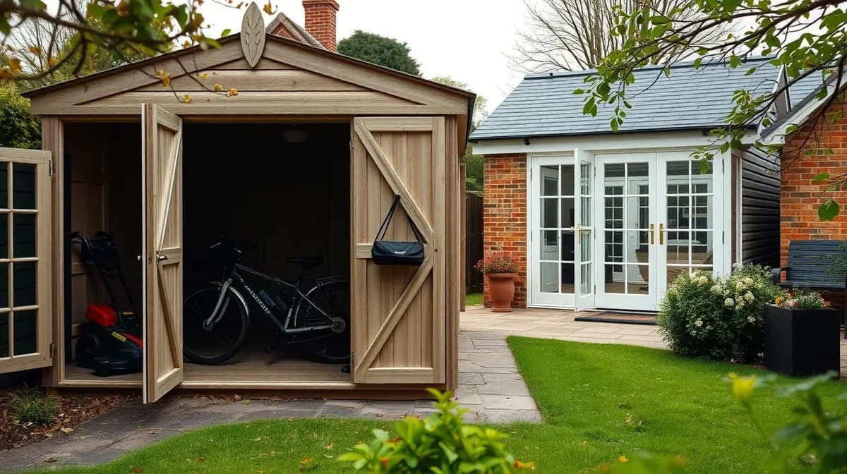 Garden room with side storage shed for bikes and tools