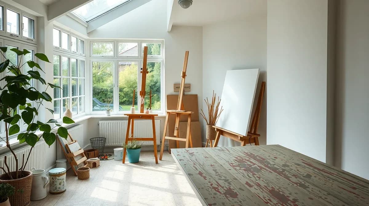 Bright garden art studio interior with easel